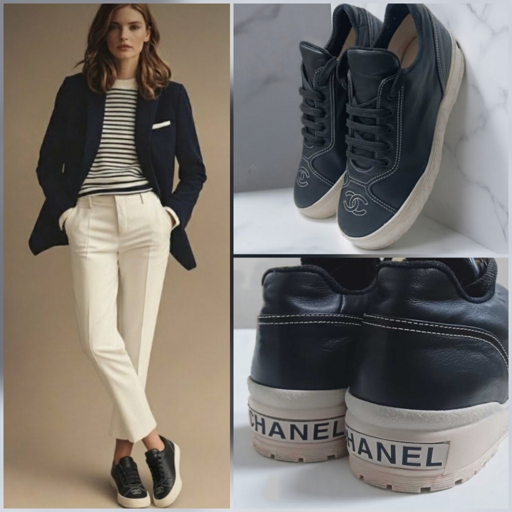 CHANEL Black Leather Sneakers with Cream Soles